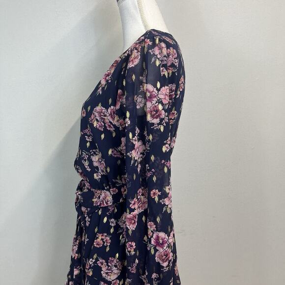 City Studio Dress size Small Navy Blue Pink Gold Floral Sheer Ruffles Wedding - Picture 8 of 11